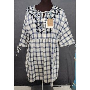 NEW Umgee Plaid Embroidered Short‎ Sleeve Ivory Navy Babydoll Dress Women Boho L